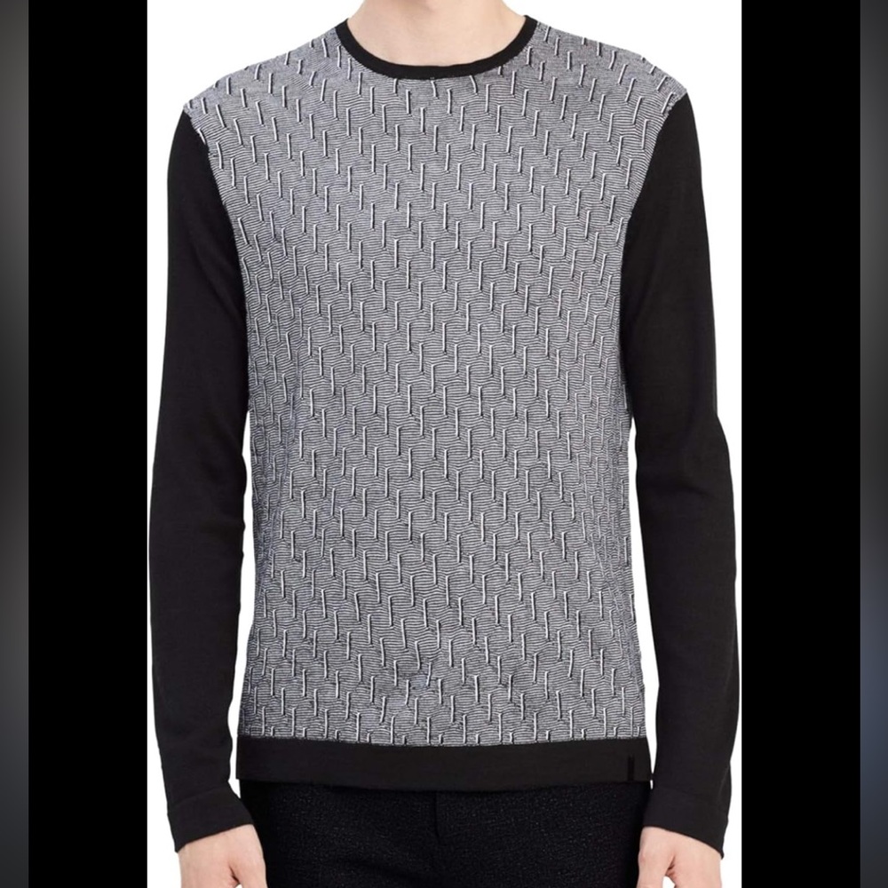 Calvin Klein Sweater Men’s Large Merino Wool Geometric Italian Yarn Black White